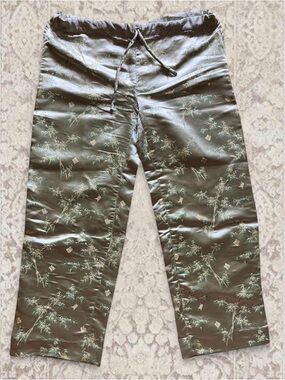 Vintage Handmade Silk Bamboo Print Drawstring Palazzo Pants Boho Wide Leg Size 8
